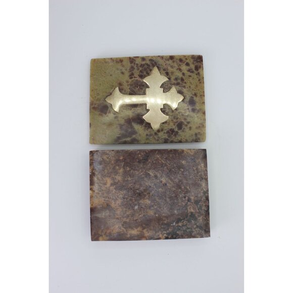 Religious Gift, Stone Trinket Box with Brass Cross Inlay, 4x3" - Picture 8 of 11